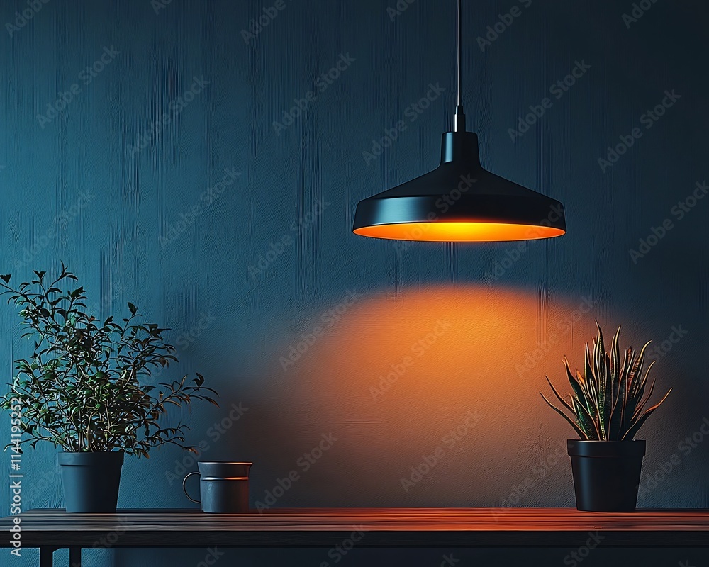 Poster minimalist pendant lamp hanging above empty wooden table with clean lines and symmetry
