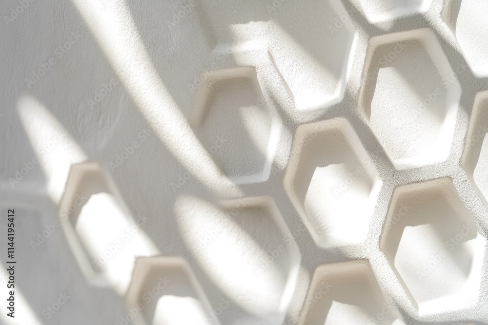 Poster Light and shadow play on hexagonal white wall with textured surface.