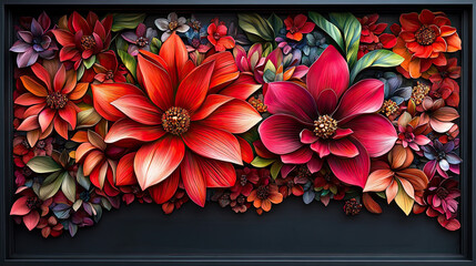 Vibrant floral arrangement with red and pink blooms on a dark background showcasing intricate details and textures