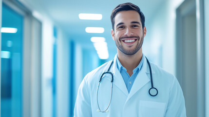 A smiling doctor wearing a stethoscope and white coat, standing confidently in a brightly illuminated hospital corridor with subtle blue and white decor