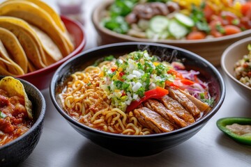 Spicy noodle soup with grilled meat, vibrant vegetables, and a flavorful broth.