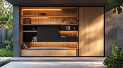Modern outdoor reading nook with wooden shelving, bench, and ambient lighting.