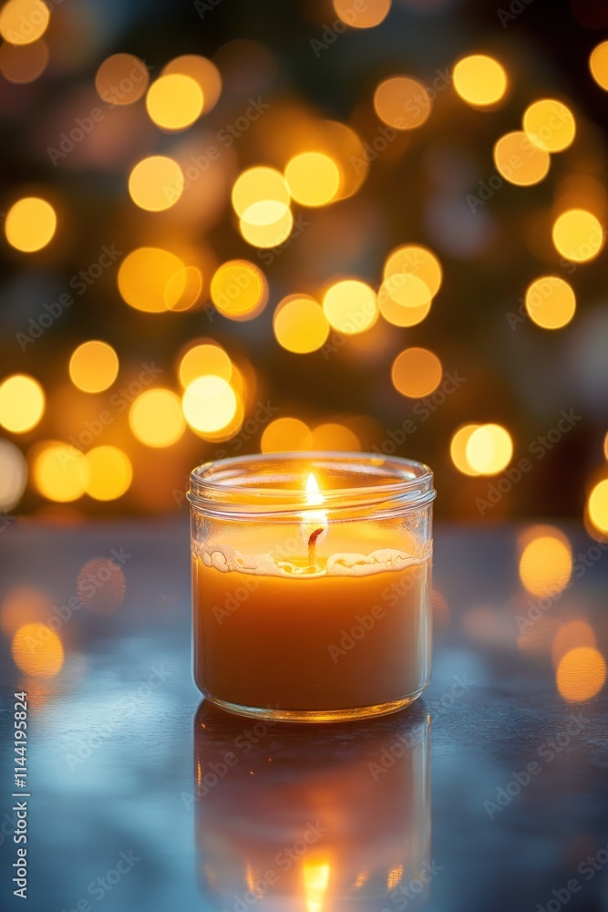 Poster candle flame in jar with bokeh lights background.