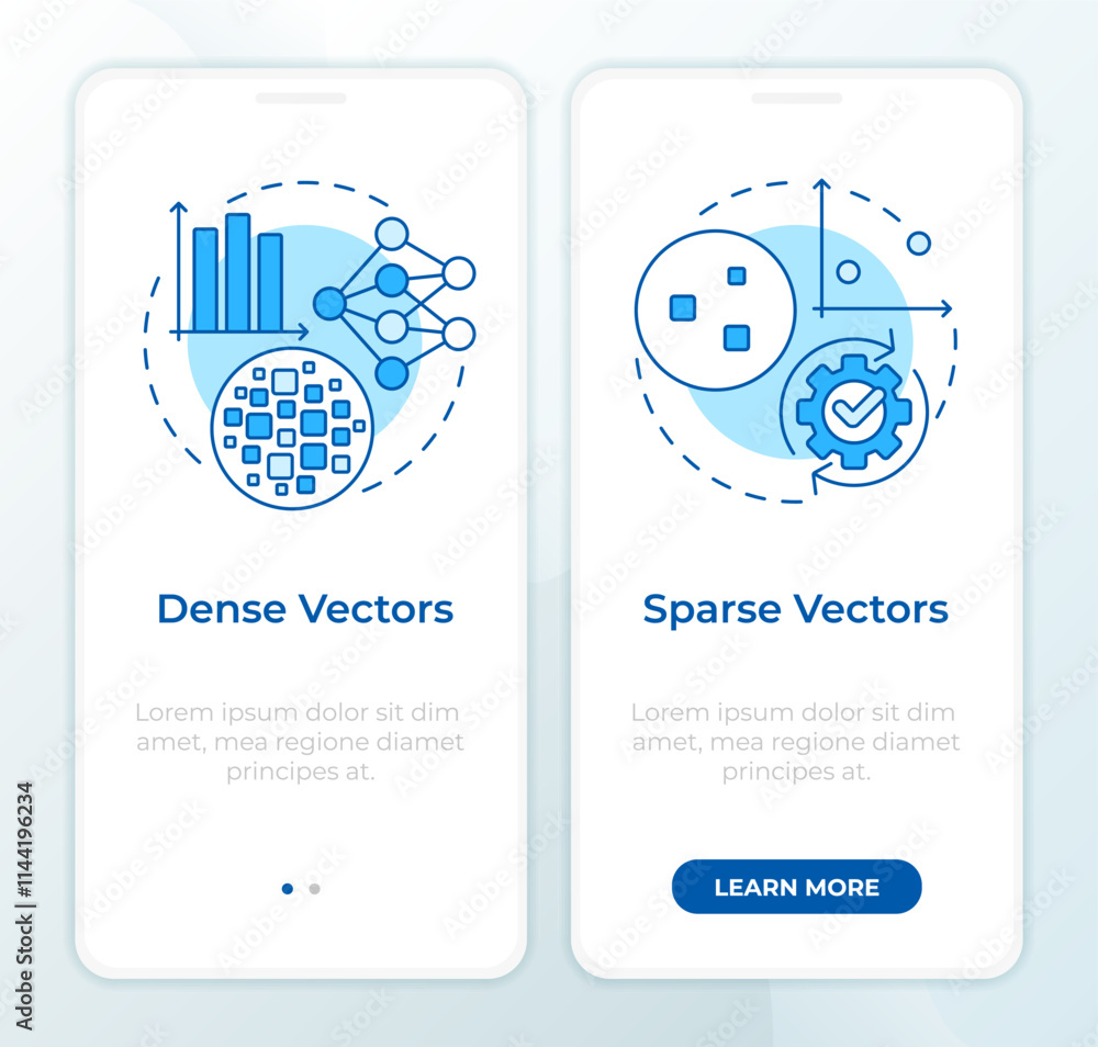 Poster dense vs sparse vectors blue onboarding mobile app screen. walkthrough 2 steps editable graphic inst