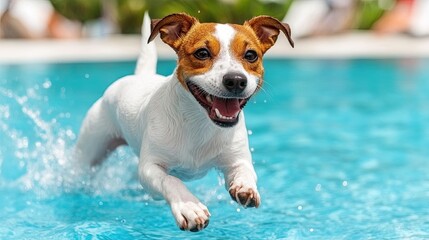 Playful dog leaps into the pool on a sunny day, showcasing joy and energy with splashes of water