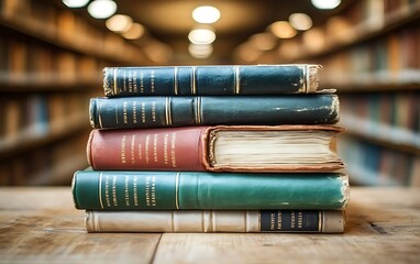 Stack of antique books on wooden table in library.