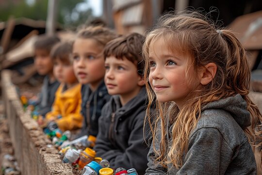 Children learning about recycling and environmental awareness in hands on community project with teacher