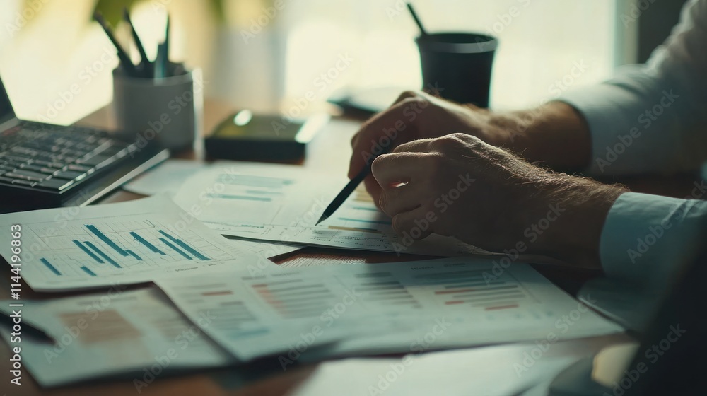 Aufkleber man analyzes charts and documents with a pen at desk.