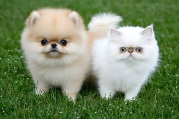 Obraz premium Adorable dogs and cats together green grass pet photography outdoor close-up cuteness