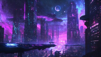 Obraz premium Sci-Fi Urban Landscape with Neon and Space Elements