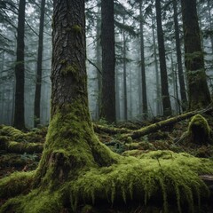 Fototapeta premium A bark texture with moss accents and a misty forest backdrop.
