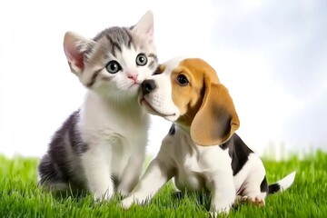 Playful puppy and kitten friendship in sunny grass field adorable animal moments nature