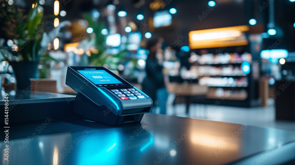 Aufkleber a focused shot of a glowing payment terminal with a customerâs smartphone hovering over it, the st