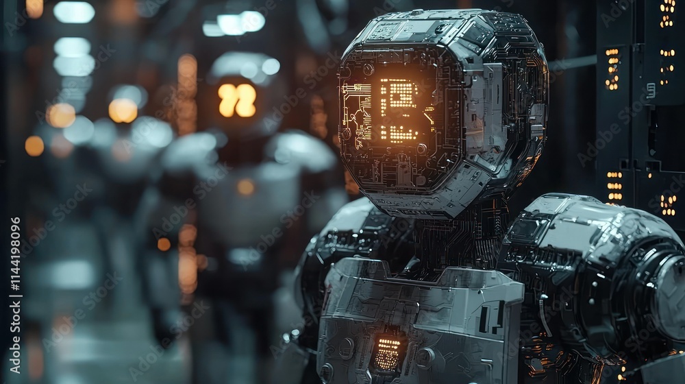 Poster futuristic robots in a high-tech environment.