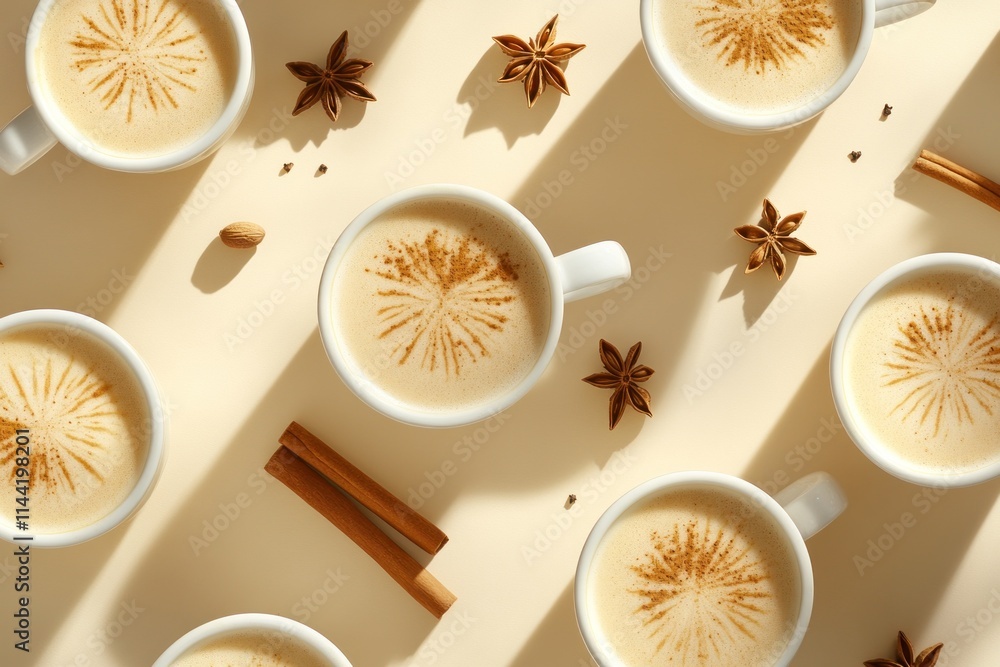 Poster spiced chai latte cups pattern with cinnamon, anise.