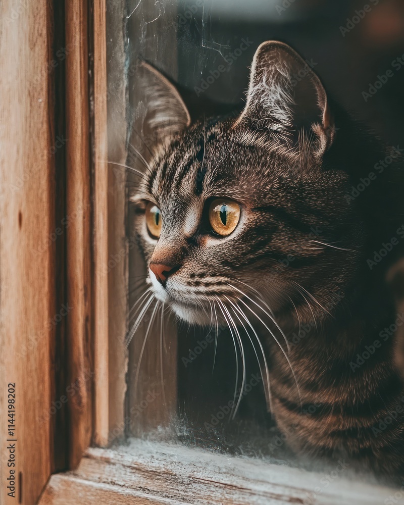 Poster striped cat gazes through a windowpane.