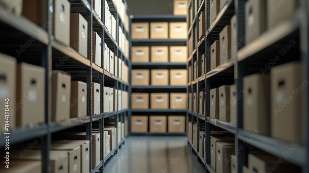 Poster rows of cardboard boxes on shelves in a storage area.