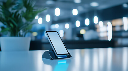 A minimalist checkout scene with a customerâs smartphone completing a payment via NFC, the payment terminal glowing softly in response in a bright and clean environment