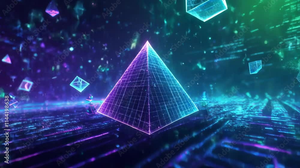 Poster Glowing neon pyramids and cubes float in a vibrant cyberspace, illuminated by streams of binary code, creating a captivating futuristic atmosphere filled with technological intrigue