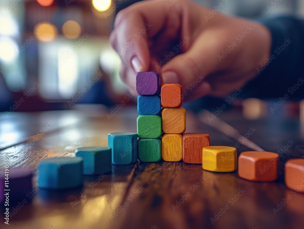 Poster hand stacks colorful wooden blocks on a table.