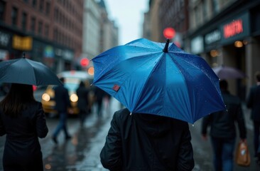 A vibrant blue umbrella stands out among a crowd of gray ones on a rainy street on Blue Monday