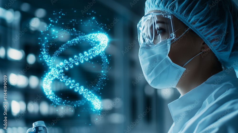 Poster a close-up of a scientist in protective gear, examining a holographic dna double helix floating in t
