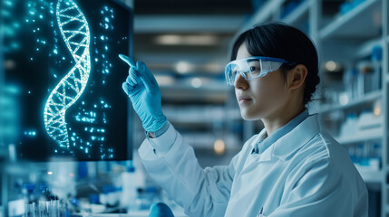 A scientist wearing a protective lab coat, gloves, and goggles, pointing at a glowing, rotating 3D DNA double helix projected above a lab workstation, with research equipment surro