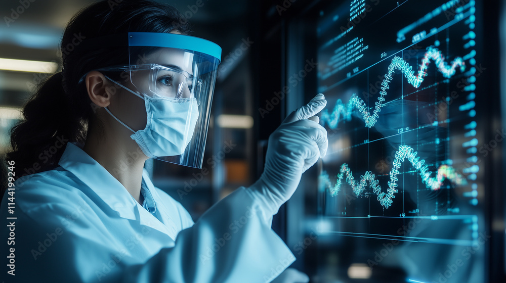 Poster a scientist wearing a face shield and gloves, interacting with a vibrant dna model displayed on a tr