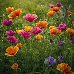 Fototapeta premium Petal-like textures in vibrant floral colors against a green meadow.