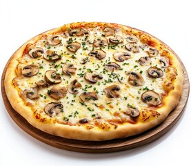 A top view of a round pizza with mushrooms and chives on a wooden plate, isolated on a white background.