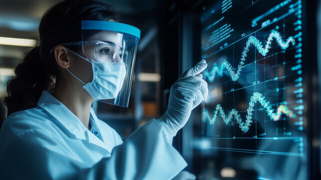 A scientist wearing a face shield and gloves, interacting with a vibrant DNA model displayed on a transparent touch screen in a modern genetics laboratory