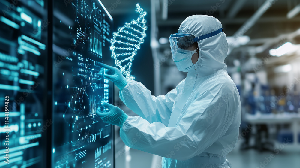 Poster a futuristic lab environment where a scientist in full protective gear reaches toward a hovering 3d 