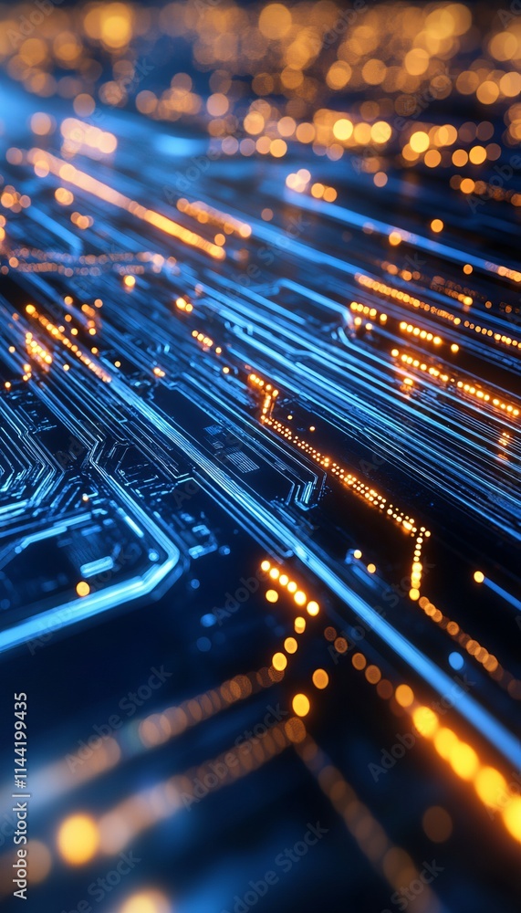 Poster abstract circuit board background, glowing lines and data flow, technology design concept