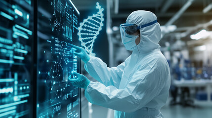 A futuristic lab environment where a scientist in full protective gear reaches toward a hovering 3D DNA helix surrounded by floating data points and molecular graphics