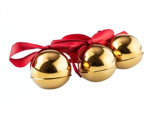 A festive arrangement of three shiny golden bells tied with a vibrant red ribbon, perfect for celebrating the holiday season and spreading joy.