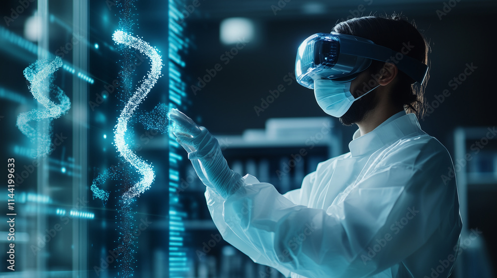 Poster a protective-gear-clad scientist manipulating a suspended model of a dna double helix using a virtua