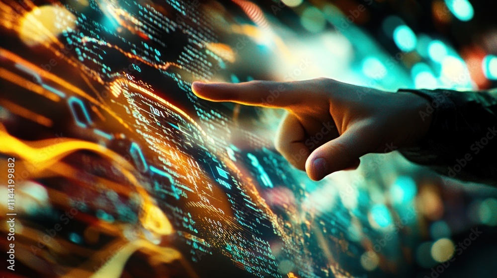 Poster Hand interacting with glowing futuristic data interface.