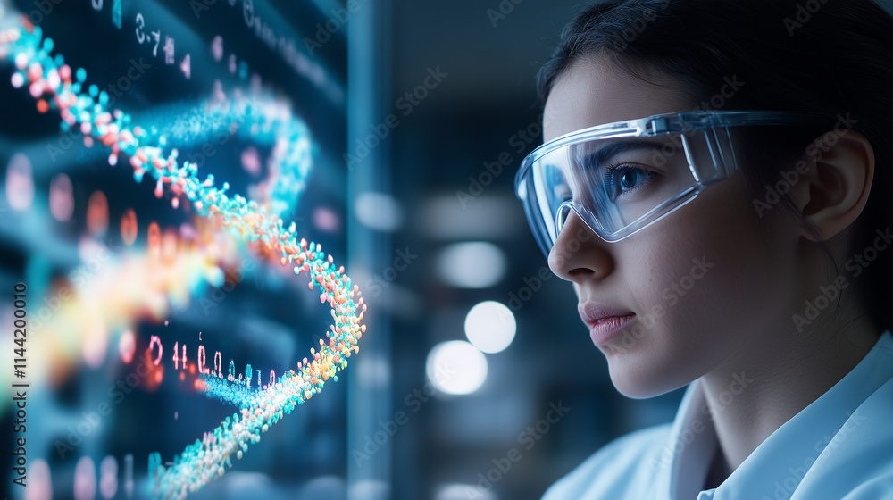 Poster a scientist in a high-tech genetics lab, analyzing a colorful holographic double helix projected fro