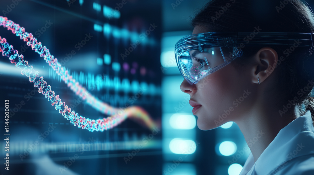 Poster a scientist in a high-tech genetics lab, analyzing a colorful holographic double helix projected fro