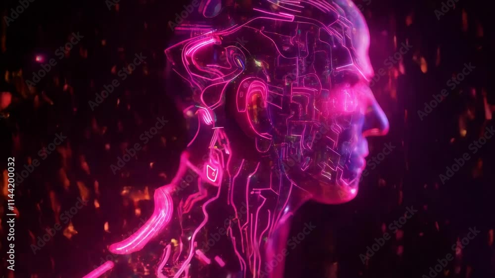 Poster futuristic artificial intelligence with glowing circuits under skin representing advanced technology