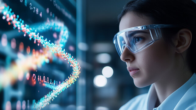 A scientist in a high-tech genetics lab, analyzing a colorful holographic double helix projected from a console, their face partially obscured by a protective visor - Powered by Adobe