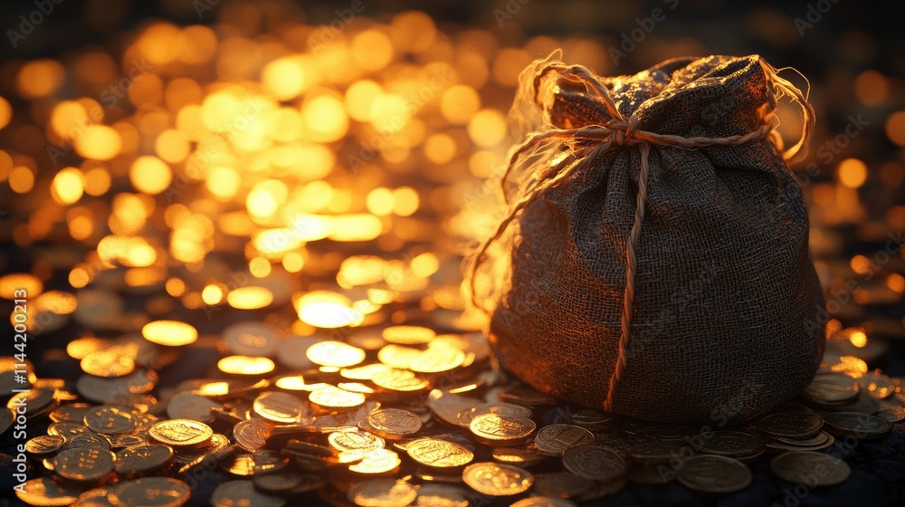Poster a rustic burlap sack surrounded by glimmering gold coins on a shimmering surface, capturing the esse