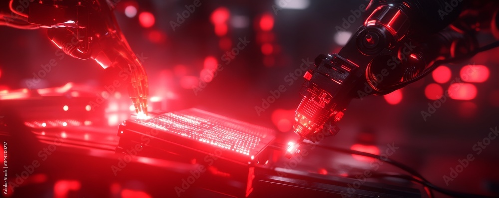 Poster a futuristic scene featuring robotic hands interacting with a glowing red circuit board. this image 