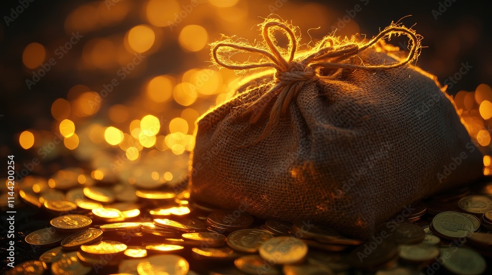 Poster glimmering gold coins and a burlap bag tied with string capturing light reflections and warm tones o