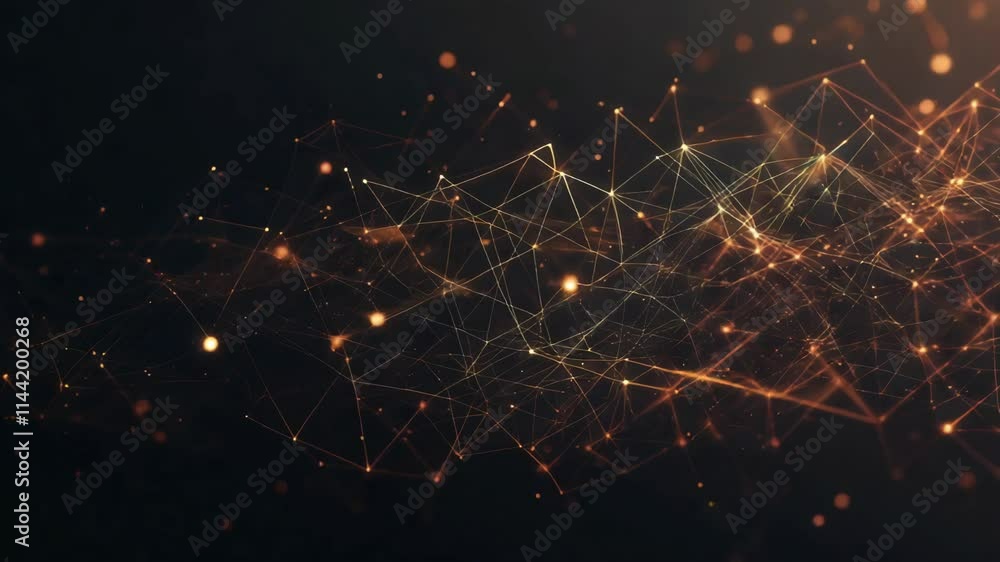 Poster golden glowing plexus particles and lines forming a network on a dark background represent the conce