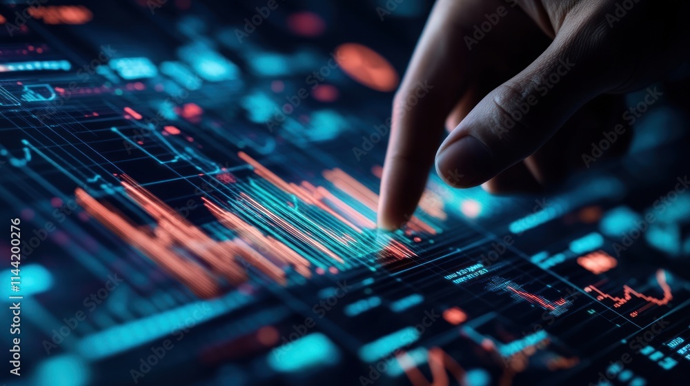 Poster Hand touching digital screen with glowing data visualizations.