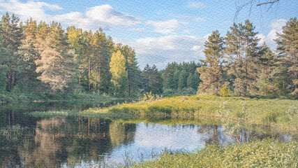 Serene lake surrounded by trees with a clear blue sky above