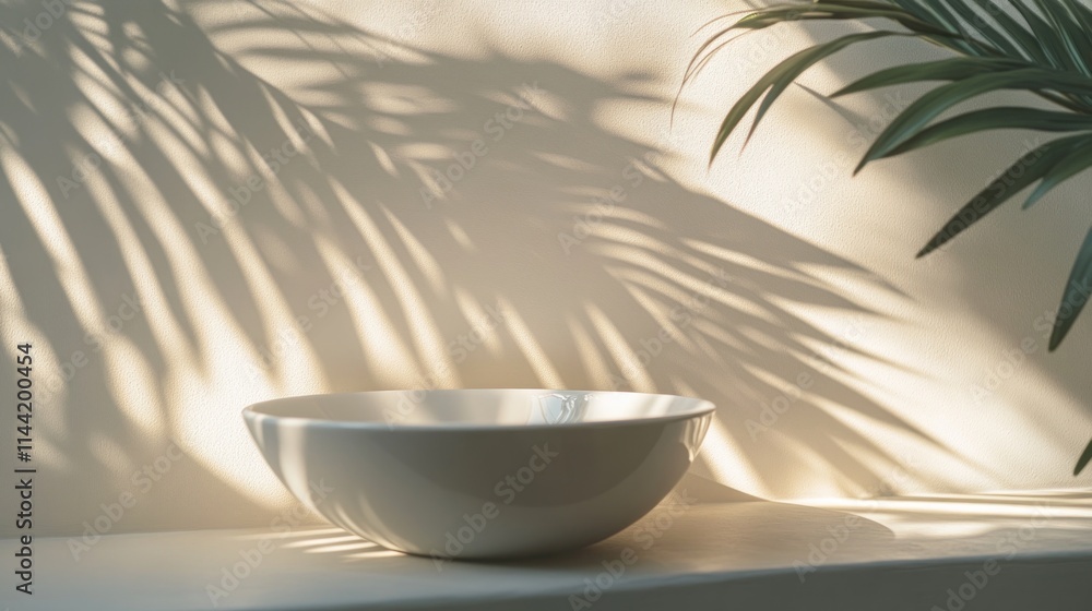Poster Empty white bowl with palm leaf shadows on a wall.