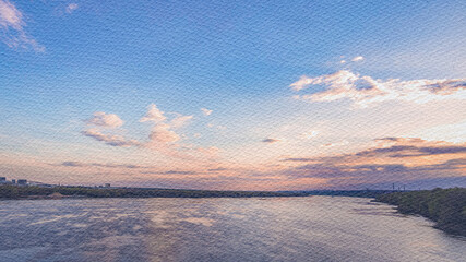 Beautiful blue sky with a few clouds and a calm river