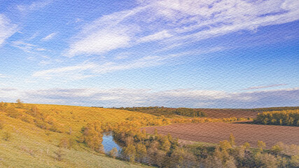 Painting of a field with a river running through it